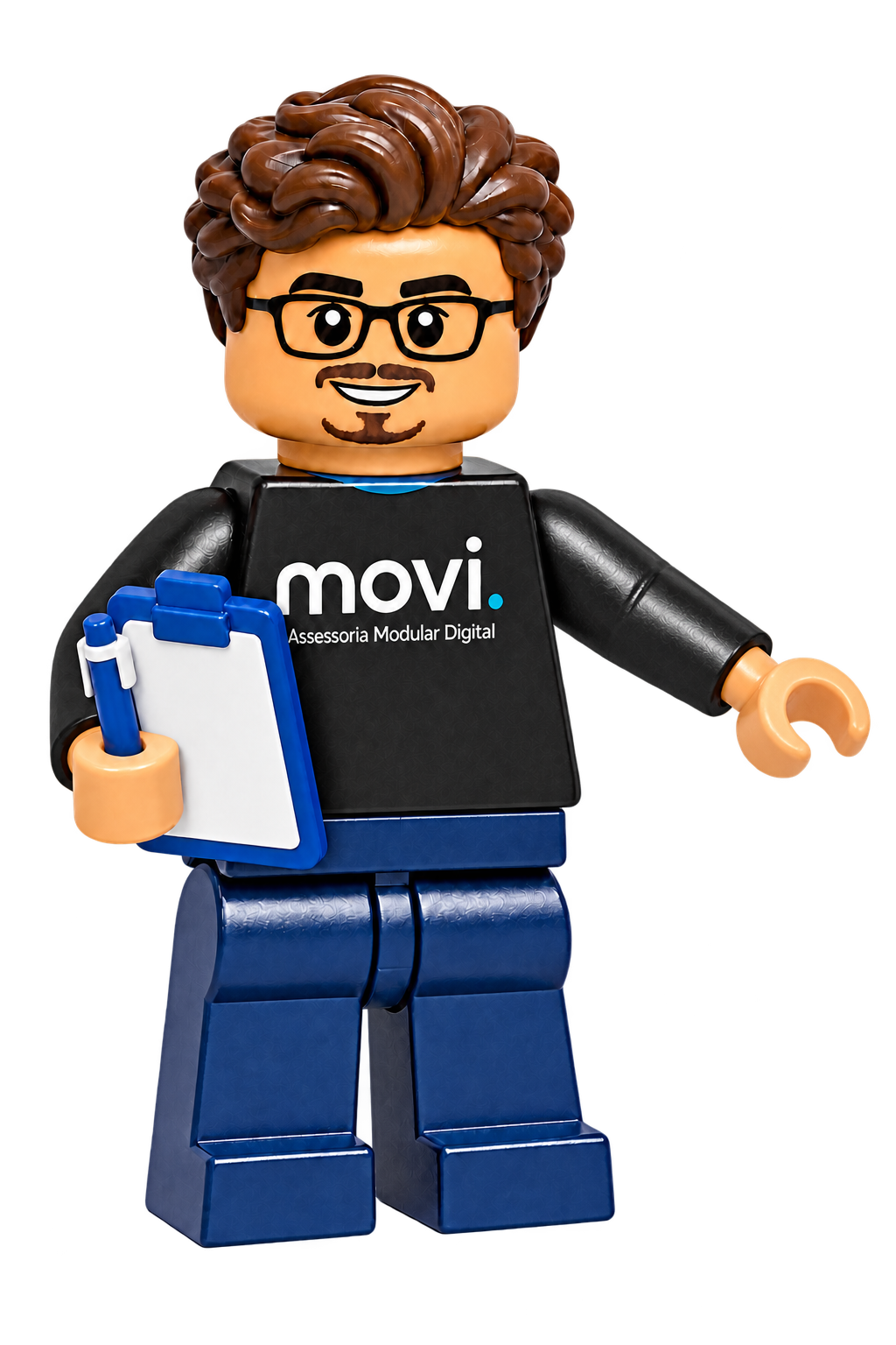 Personagem MOVI sorrindo, com prancheta e caneta, à esquerda e apontando diretamente para o botão de diagnóstico